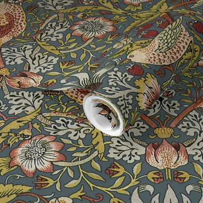 Spoonflower Pre-pasted Wallpaper William Morris Strawberry Thief Custom Slate  Removable In Gray