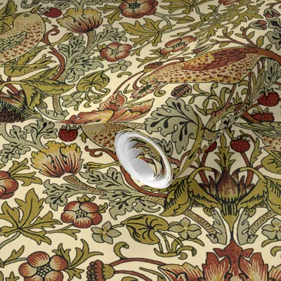 Spoonflower Pre-pasted Wallpaper William Morris Strawberry Thief Trianon Cream One Foot Repeat 2' X 12' Removabl In Multi