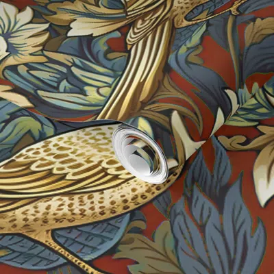 Spoonflower Pre-pasted Wallpaper Winged Bouquet Gold/blue On Brick Red William Morris  New 2' X 12' Removable
