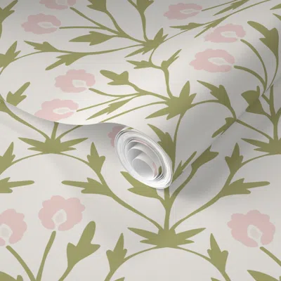 Spoonflower Pre-pasted Wallpaper Winnie Pink Floral Trellis 2' X 12' Removable