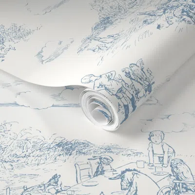 Spoonflower Pre-pasted Wallpaper Winnie-the-pooh Toile Vintage Blue On Cream Classic Storybook Nursery 2' X 12' 