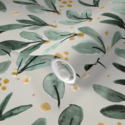Spoonflower Pre-pasted Wallpaper Winter Berry Sprigs - Gold On Gray 2' X 12' Removable