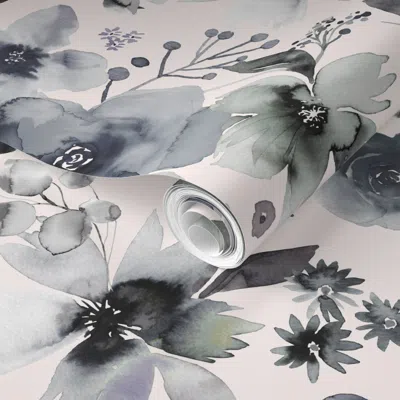 Spoonflower Pre-pasted Wallpaper Winter Floral Bouquet Watercolor Traditional Classic Grey White Medium 2' X 12'