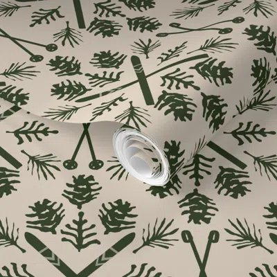 Spoonflower Pre-pasted Wallpaper Winter Ski Season - Pine And Tan 2' X 12' Removable In Multi