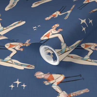 Spoonflower Pre-pasted Wallpaper Winter Sports - Retro Vintage Ski Blue Xl 2' X 12' Removable