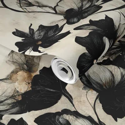 Spoonflower Pre-pasted Wallpaper Witchy Vintage Florals On Cafe 2' X 12' Removable In Black