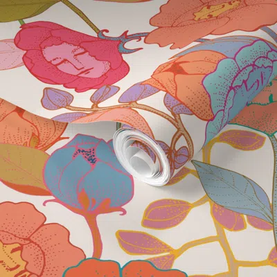 Spoonflower Pre-pasted Wallpaper Wonderland Flowers Ivory Large 2' X 12' Removable
