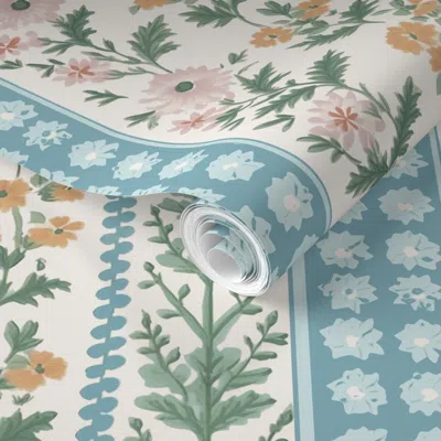Spoonflower Pre-pasted Wallpaper Woodhouse Wildflower Stripe Faded 2' X 12' Removable In Multi