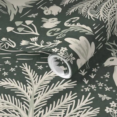 Spoonflower Pre-pasted Wallpaper Woodland Animals - Deer Fox Rabbits - Cream On Dark Green - Jumbo 2' X 12' Remo