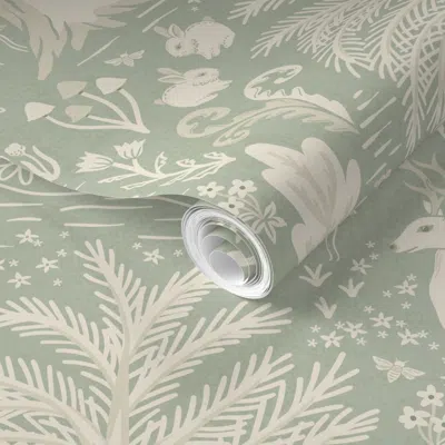 Spoonflower Pre-pasted Wallpaper Woodland Animals - Deer Fox Rabbits - Monochrome Cream On Green - Jumbo 2' X 12