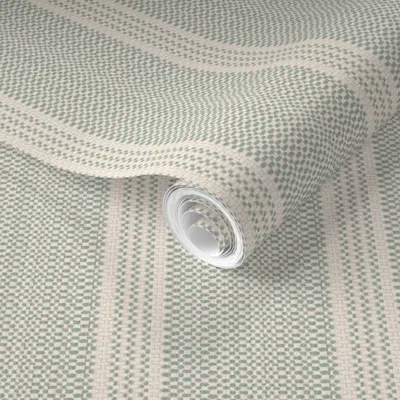 Spoonflower Pre-pasted Wallpaper Woven Heritage Ticking Stripe For English Country - Sage Green 4" 2' X 12' Remo
