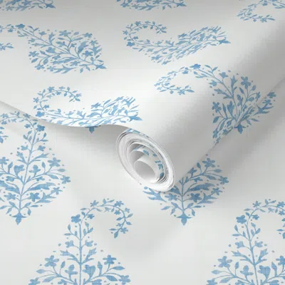 Spoonflower Pre-pasted Wallpaper Woven Painted Paisley Blue And Ice 2' X 12' Removable