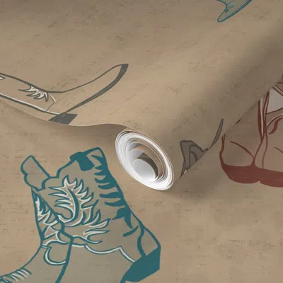 Spoonflower Pre-pasted Wallpaper Xl Boots At The Rodeo Western Conversational Print Textured Tan Brown 2' X 12' 
