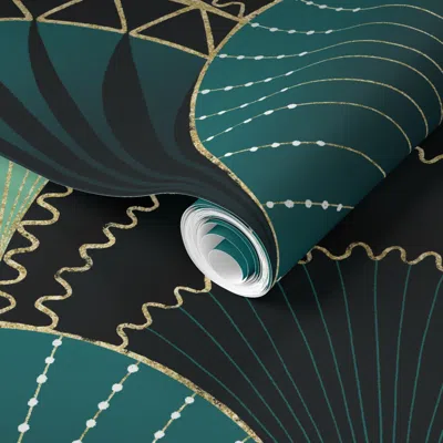 Spoonflower Pre-pasted Wallpaper Xl - Emerald Green And Gold Art Deco Scallop 2' X 12' Removable