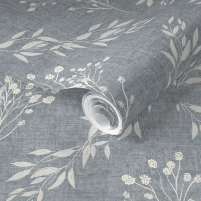 Spoonflower Pre-pasted Wallpaper Xl Farmhouse Botanical And Floral Trellis Wreath - Cream On Dusty Blue 2' X 12'