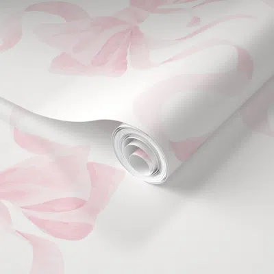 Spoonflower Pre-pasted Wallpaper (xl) Grandmillennial Watercolor Bows & Ribbons Trellis In Baby Ballet Pink 2' X