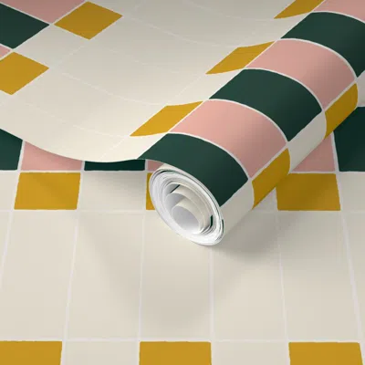 Spoonflower Pre-pasted Wallpaper Xl Modern Geometric Kitchen Backsplash - Forest Green & Coral & Yellow 2' X 12'