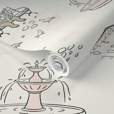 Spoonflower Pre-pasted Wallpaper (xl) Paris Doodle Dog Adventures In Springtime In Pink - Half Drop 2' X 12' Rem