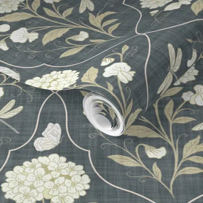 Spoonflower Pre-pasted Wallpaper (xl) White Hydrangea & Dragonfly Trellis On Grey Linen - Romantic Floral 2' X 1
