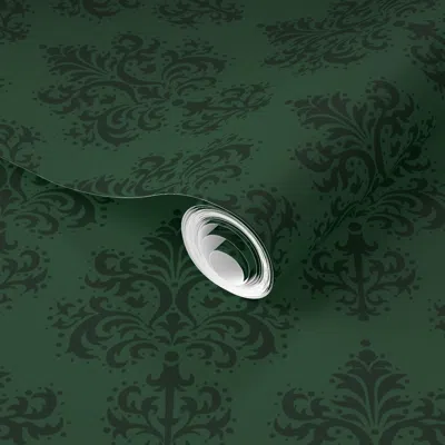 Spoonflower Pre-pasted Wallpaper Xs- Bohemian Victorian Goth Damask Motif With Birds & Dots In Emerald Green 2' 
