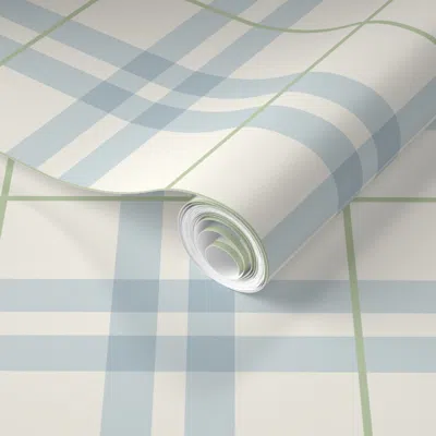 Spoonflower Pre-pasted Wallpaper Yates Blue Green Traditional Double Windowpane Plaid Preppy  Removable