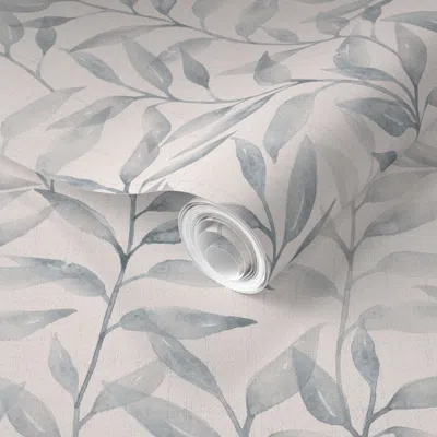 Spoonflower Pre-pasted Wallpaper Yoko - Japandi Watercolour Climbing Leaves Foliage - Soft Grey Ivory Linen 2' X