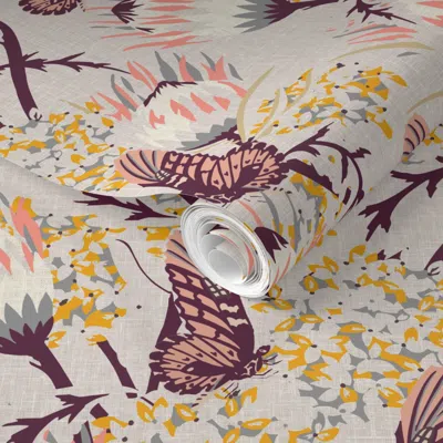 Spoonflower Pre-pasted Wallpaper Zarah Linen Butterfly 2' X 12' Removable