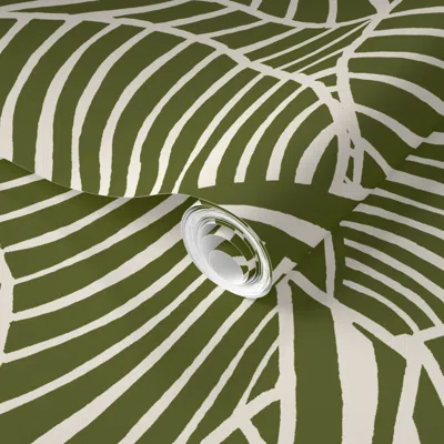 Spoonflower Pre-pasted Wallpaper Zebra Palm Mid-century Modern Hawaiian Tropical- Dark Olive Green 2' X 12' Remo