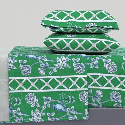Spoonflower Preppy Green And Blue Chinoiserie Trellis Stripe 12 Queen Sheet Set