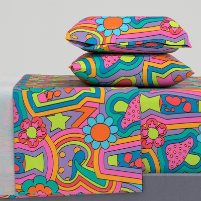 Spoonflower Psychedelic 60's Nostalgia In Neon Rainbow Queen Sheet Set