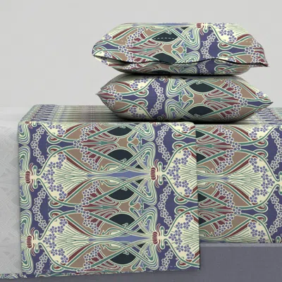 Spoonflower R Beauclair Ianthe Blue Yellow Brown Tiny Queen Sheet Set In Gray