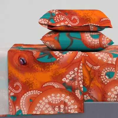 Spoonflower Red Octopus Inky Ballet Blue Large King Sheet Set