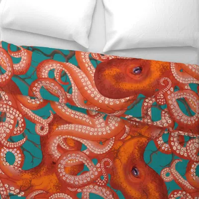 Spoonflower Red Octopus Inky Ballet Blue Large Wide Cotton Sateen 3.5 oz 26" X 20" Standard Knife Edge