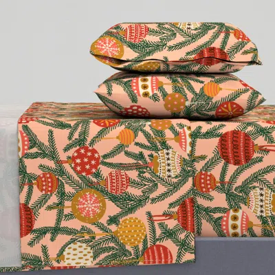 Spoonflower Retro Christmas Baubles Pink Red Queen Sheet Set
