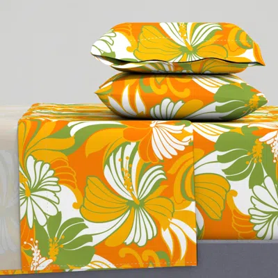 Spoonflower Retro Hawaiian Hibiscus Muu Muu Print - Orange (large Size) Queen Sheet Set