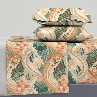 Spoonflower Retro Japanese Wave Teal Terracotta Fabric Pattern King Sheet Set