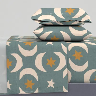 Spoonflower Retro Mid Century Muted With Hand Made Cut Off Elements - Tourquise Queen Sheet Set