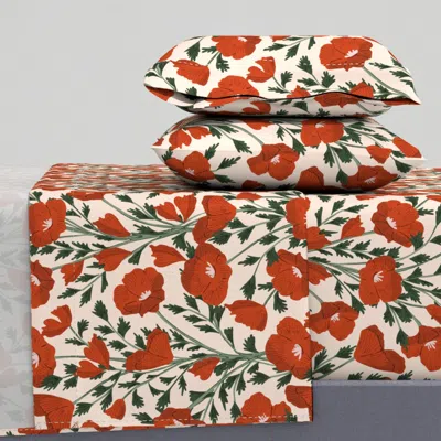 Spoonflower Retro Poppy Garden - Red And Green // Big Scale King Sheet Set