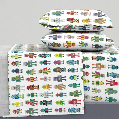Spoonflower Robot Line-up On White - Medium Scale Queen Sheet Set