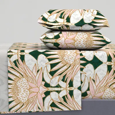 Spoonflower Rose King Protea Art Deco (forest Green) 18 Queen Sheet Set