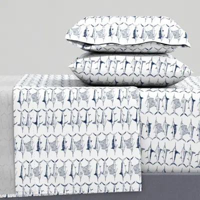 Spoonflower Royal Billfish Slam - Simple Navy On White Background Queen Sheet Set