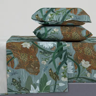 Spoonflower Royal Frog Pond On Misty Blue Queen Sheet Set