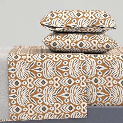 Spoonflower Rust Indigo Cream Bloom Ikat Queen Sheet Set
