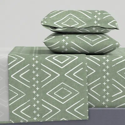 Spoonflower Safari Wholecloth Diamonds On Sage - Farmhouse Diamonds - Mud Cloth Fabric King Sheet Se