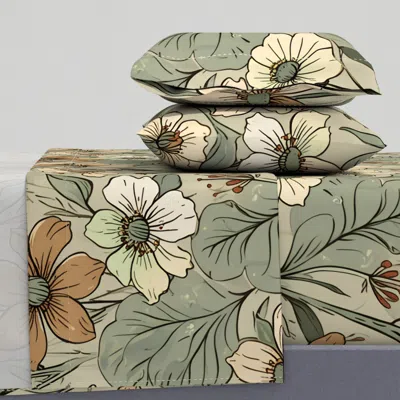 Spoonflower Sage Terracotta Botanical Floral Warm Autumn Garden Design Queen Sheet Set In Green