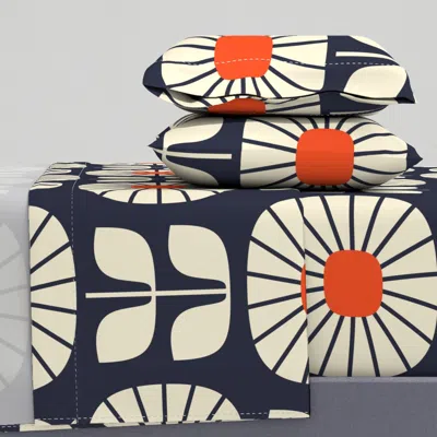 Spoonflower Scandinavian Daisy Burst - Navy And Bright Orange - Xl Queen Sheet Set