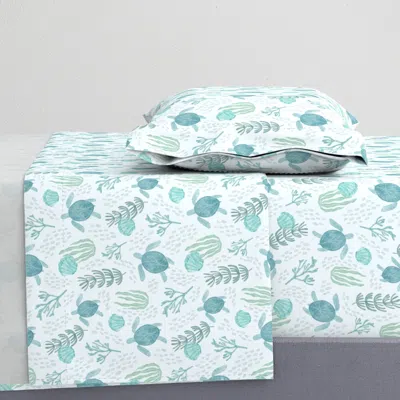 Spoonflower Serene Azure Sea Turtle And Seashell Watercolor Half Drop - Small Twin Sheet Set