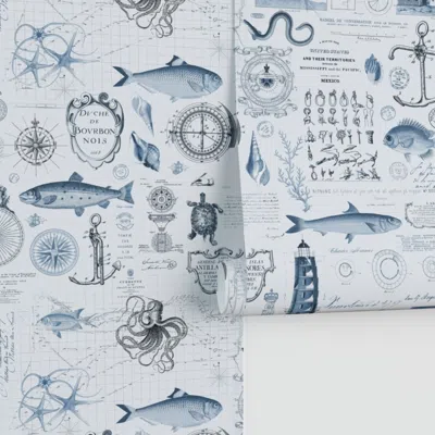 Spoonflower Seven Seas Nostalgic Voyage Of Discovery Vintage Nautical Vibes Blue Performance 2' X 12'