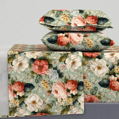Spoonflower Shabby Chic Bouquets On Blue King Sheet Set