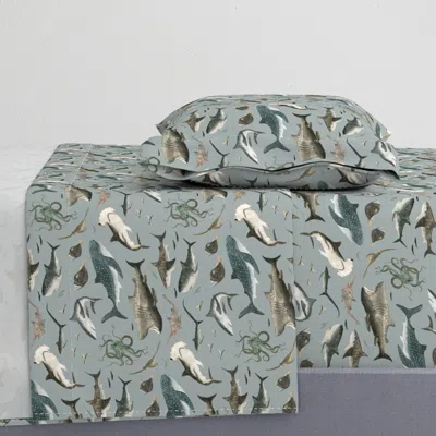 Spoonflower Sharks In Denim Blue Ocean Sharks Denim Blue Coastal Sea Creatures Twin Xl Sheet Set